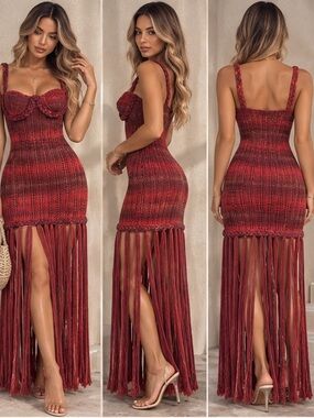 BOHO Fringe Knit Maxi Dress in Red
